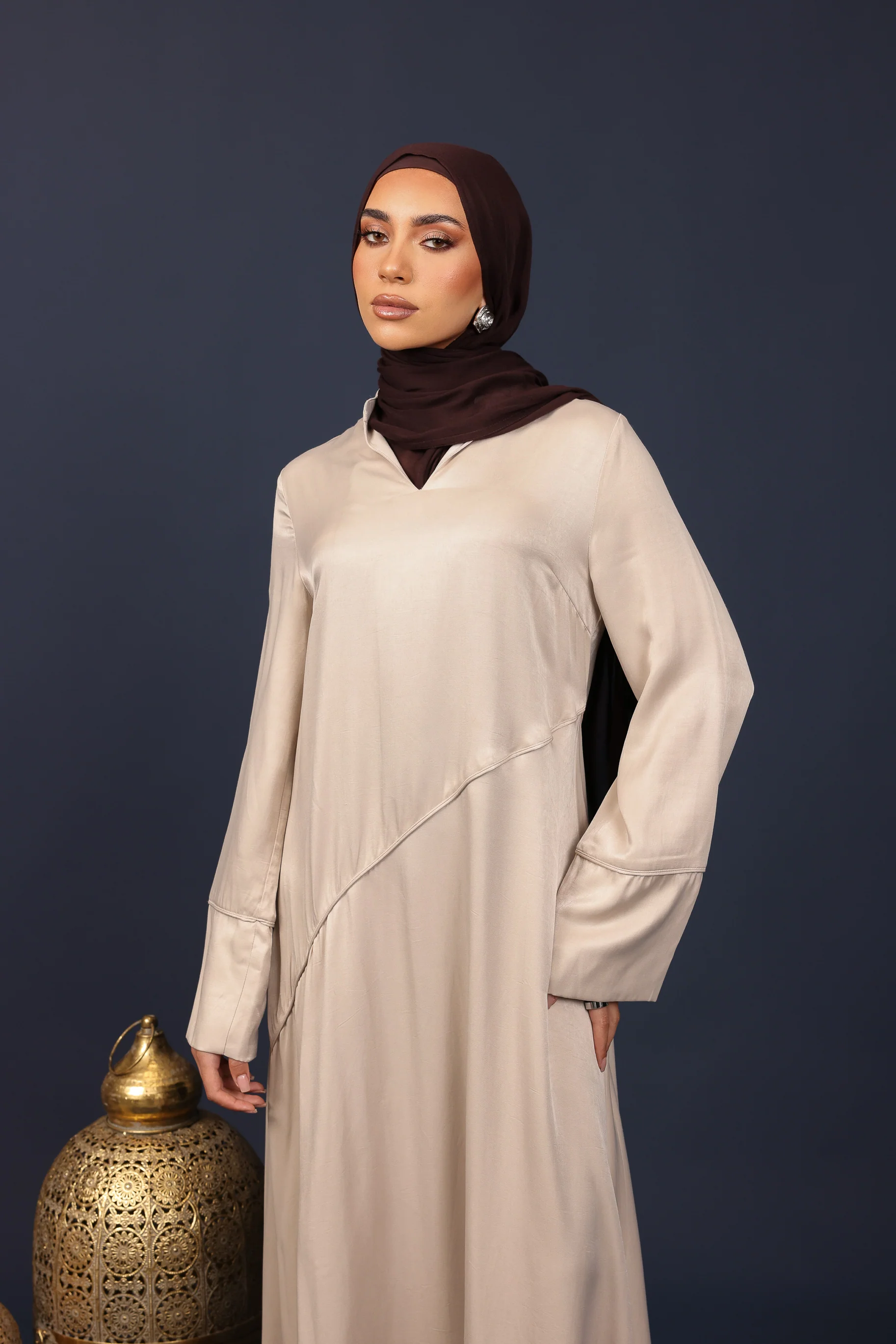 Adara Asymmetric Satin Abaya - Latte - Image 3