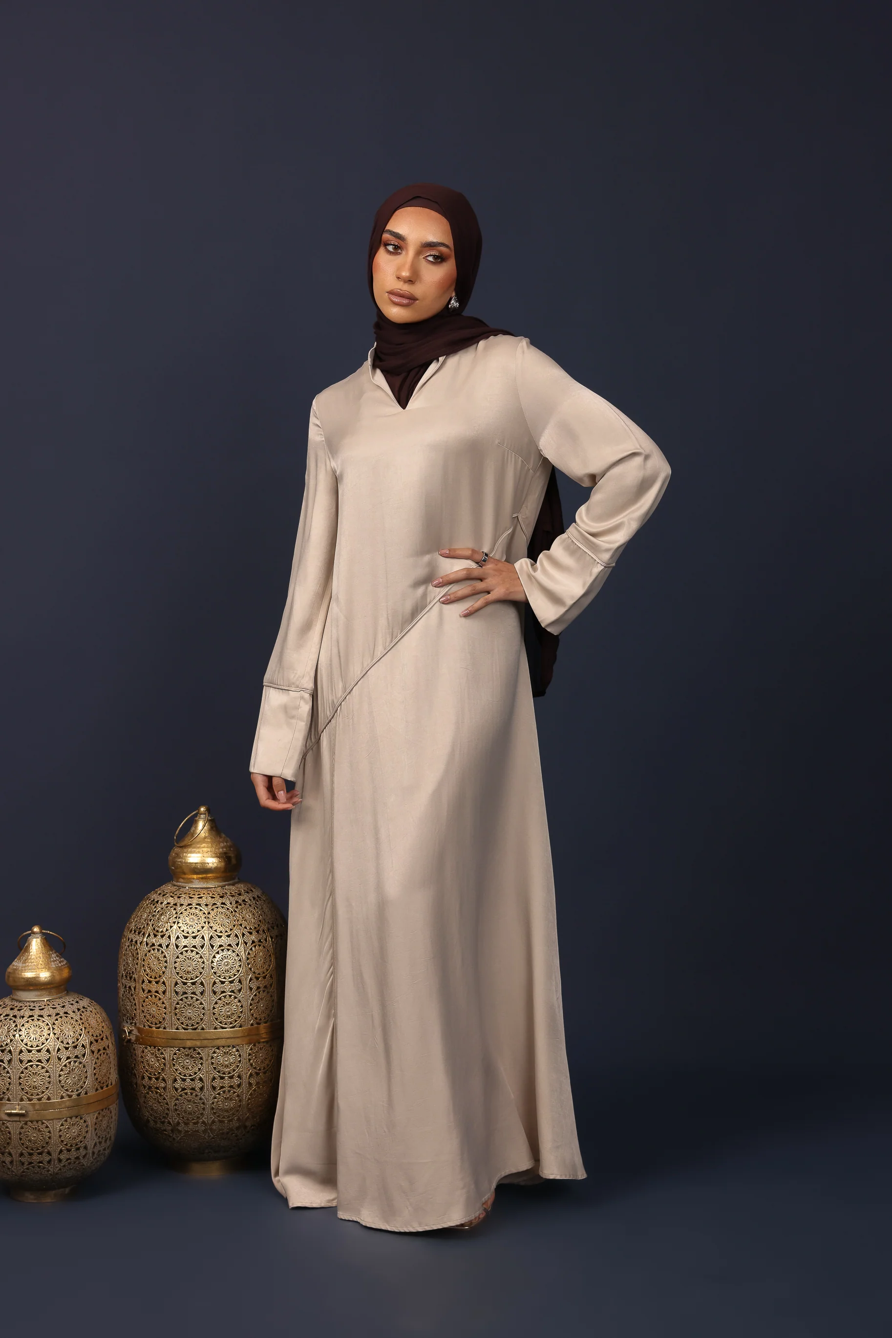 Adara Asymmetric Satin Abaya - Latte - Image 5