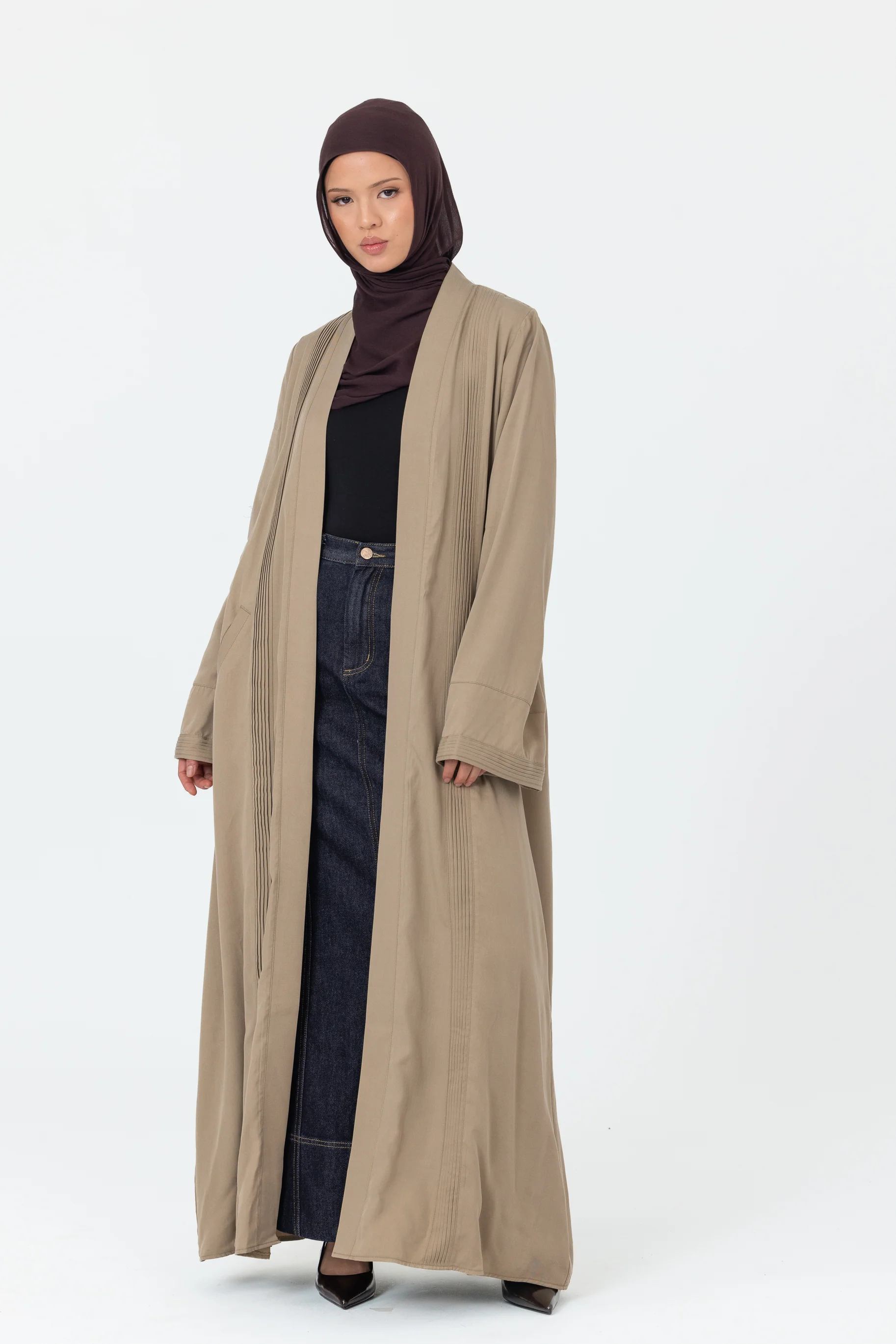 Tencel Pleated Open Abaya - Sage - Image 3