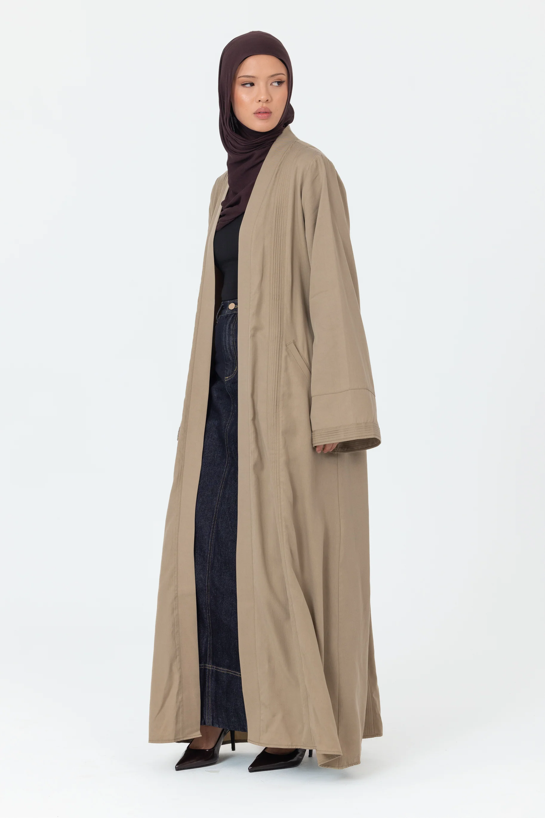 Tencel Pleated Open Abaya - Sage - Image 4