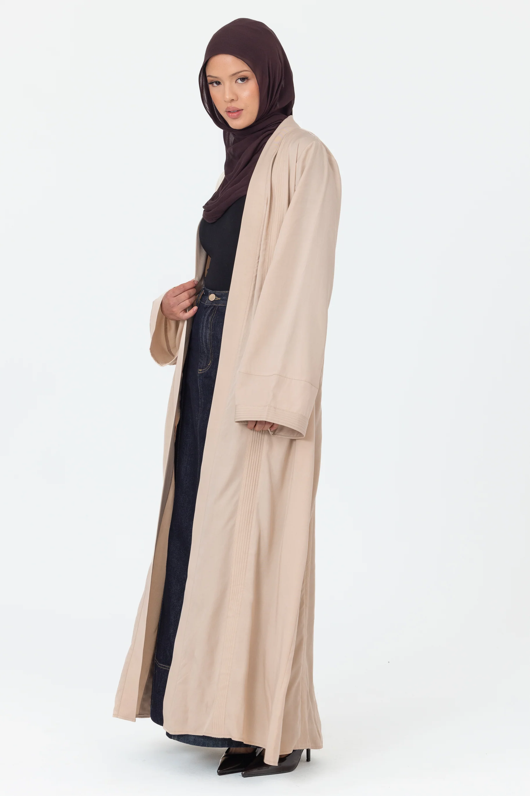 Tencel Pleated Open Abaya - Taupe - Image 3