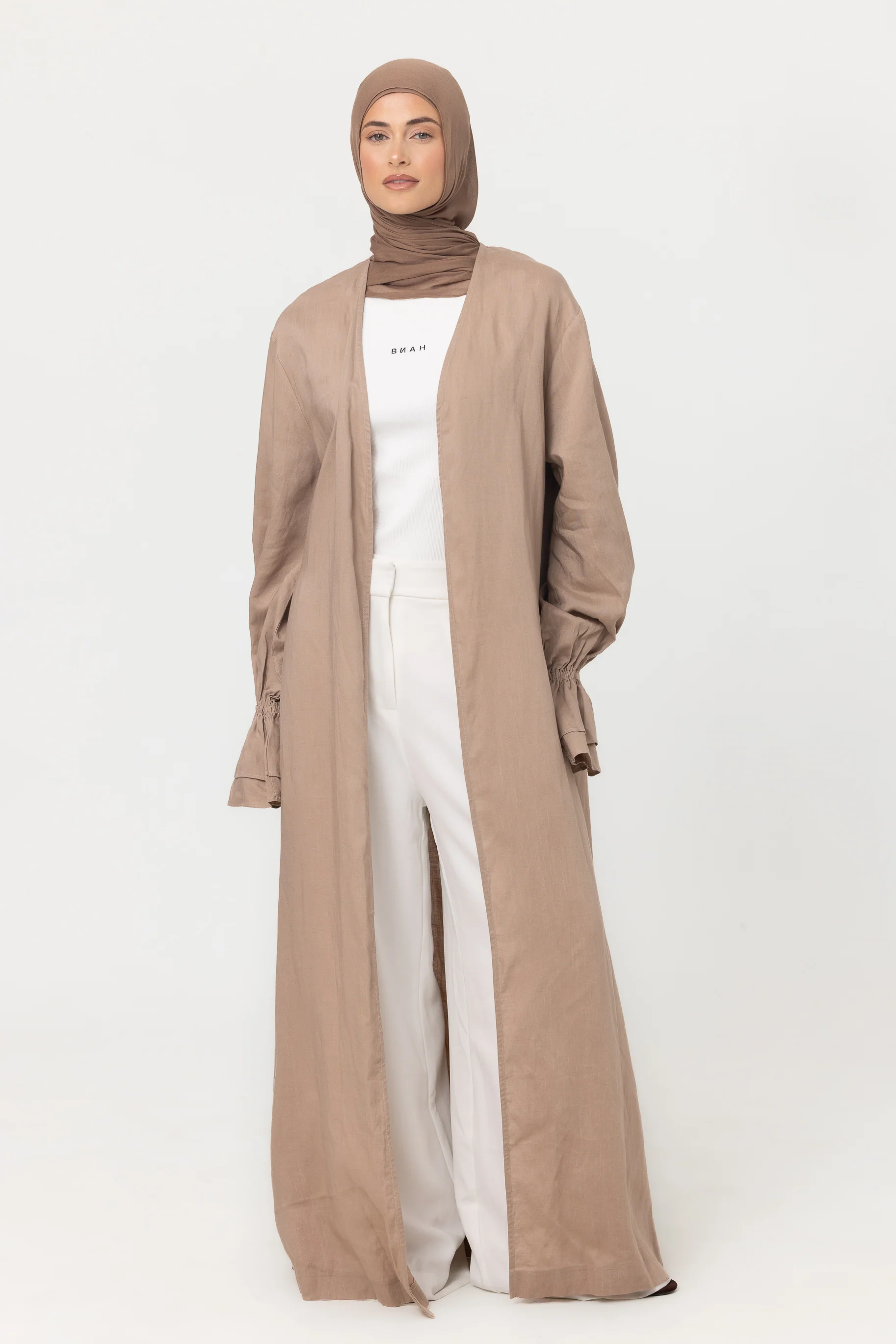 Aria Flounce Open Abaya - Mocha - Image 3