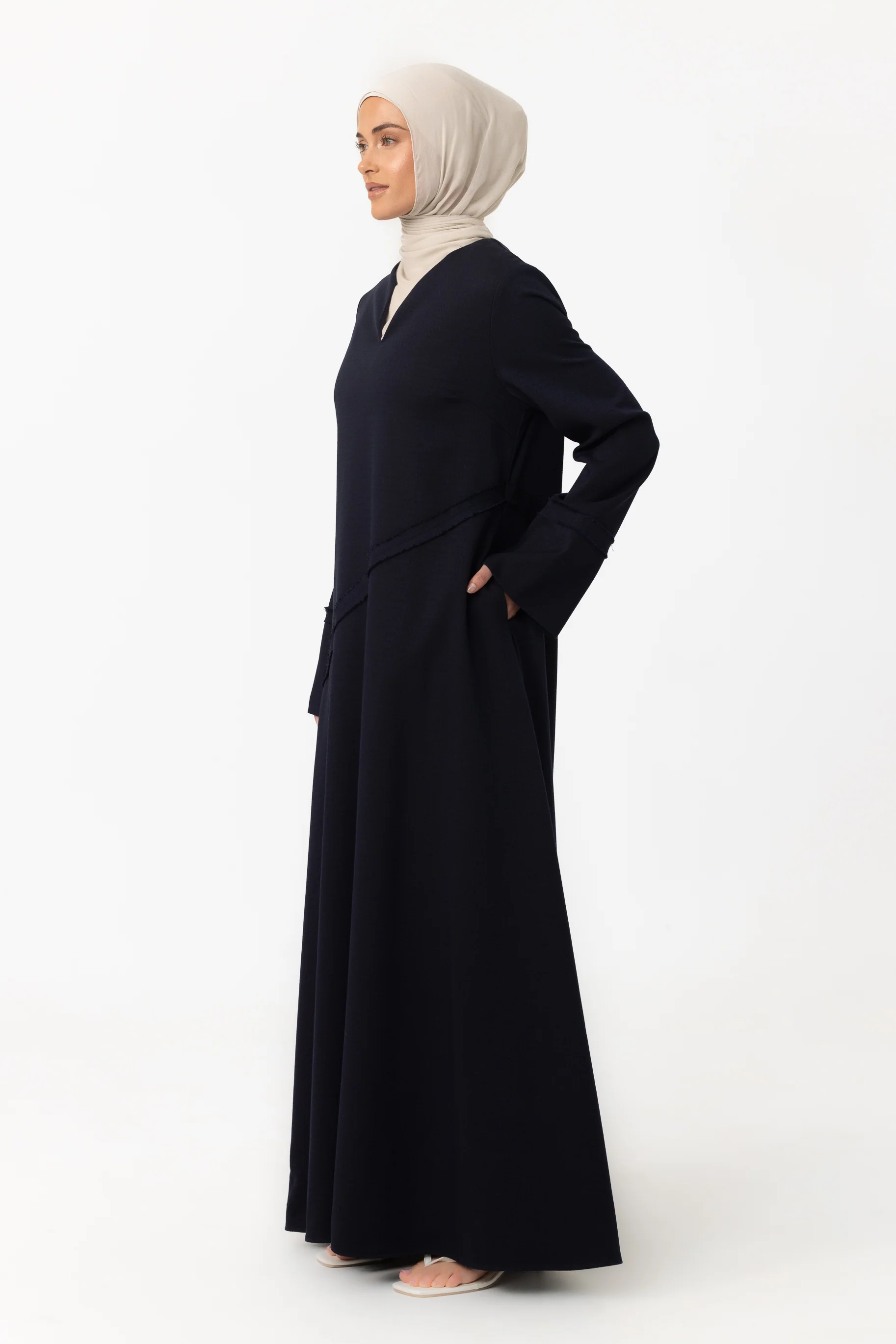 Asymmetric Frayed Abaya - Midnight Blue - Image 2
