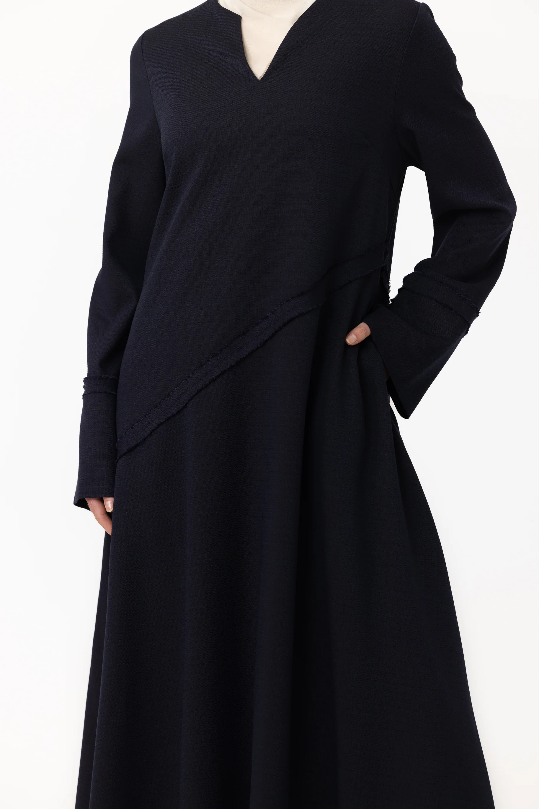 Asymmetric Frayed Abaya - Midnight Blue - Image 4