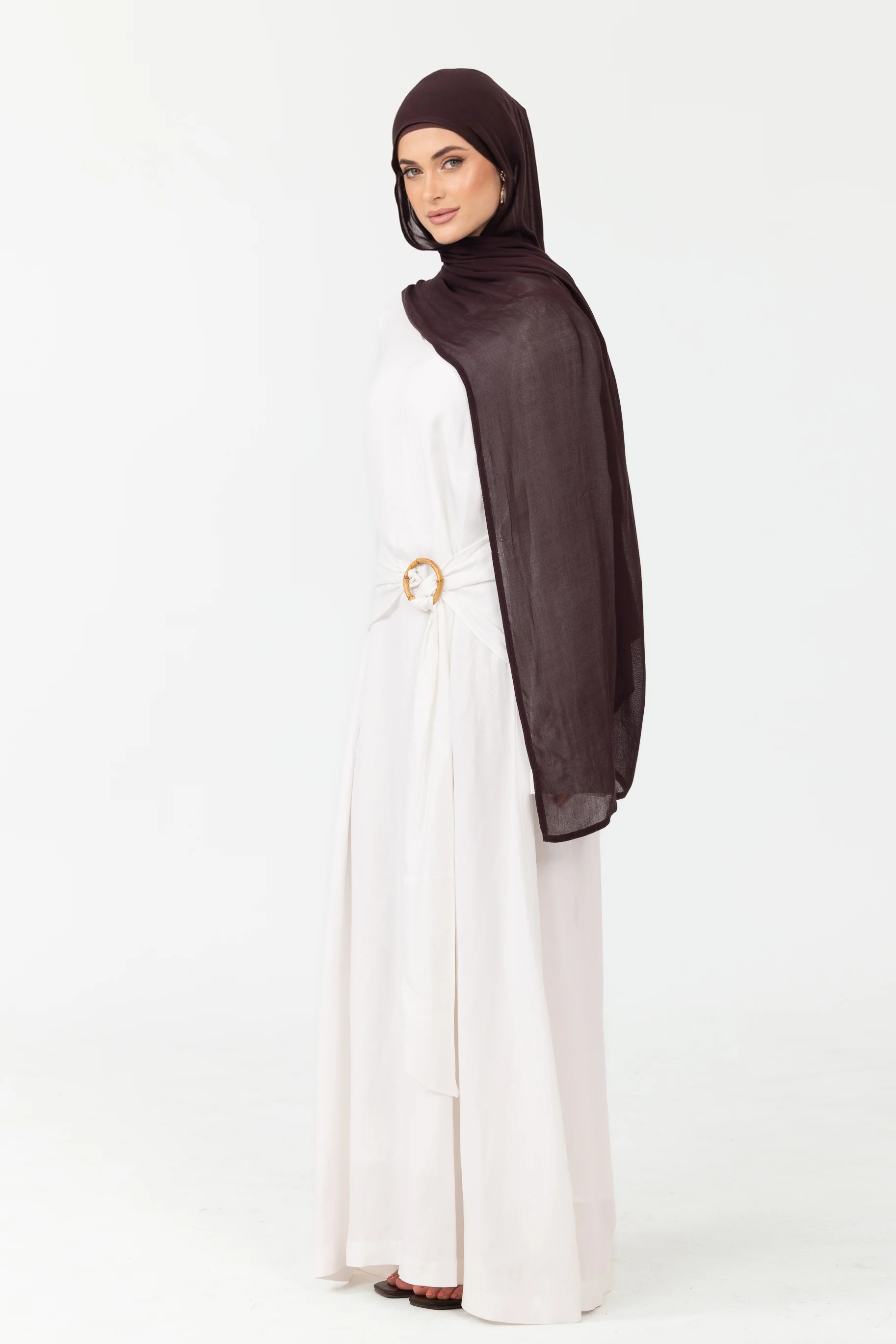 Linen V Neck Wrap Belt Dress - White - Image 3