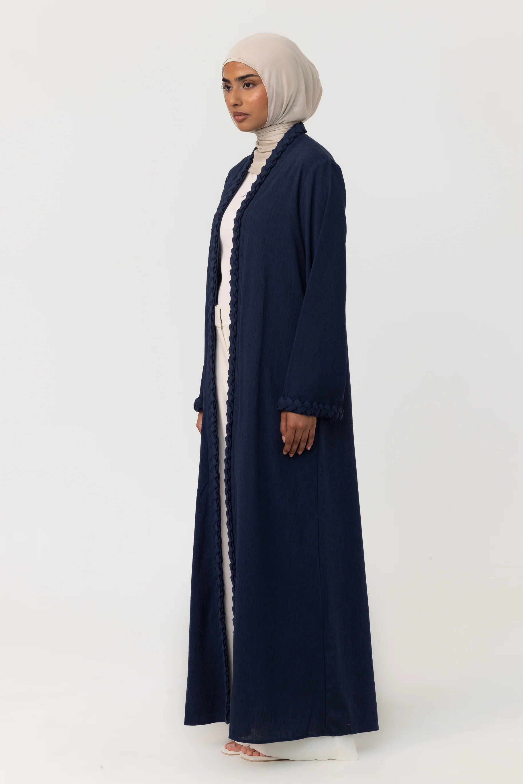 Braided Open Abaya - Navy - Image 3