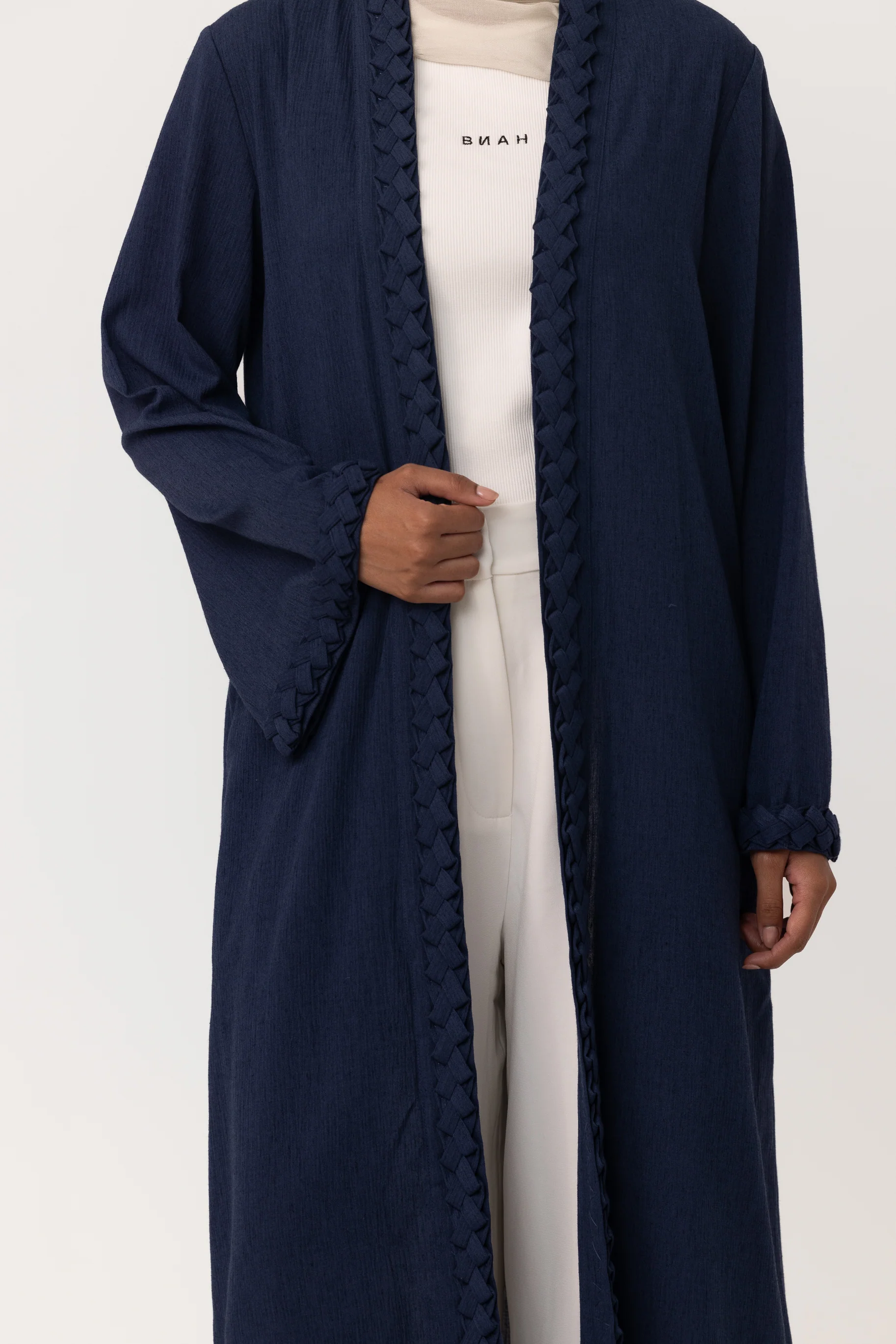 Braided Open Abaya - Navy - Image 4