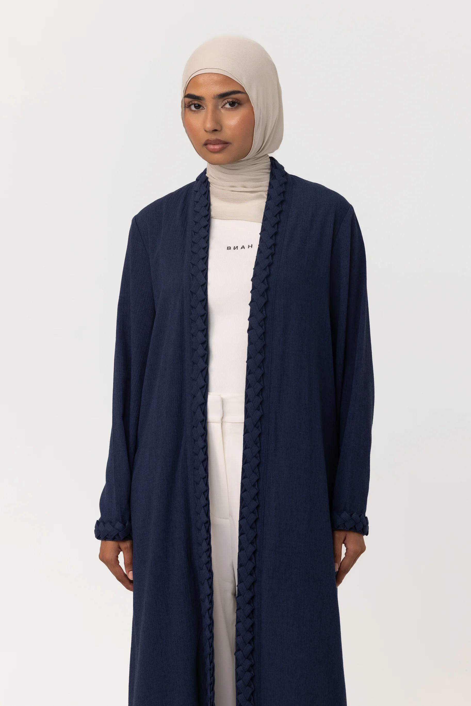 Braided Open Abaya - Navy - Image 5