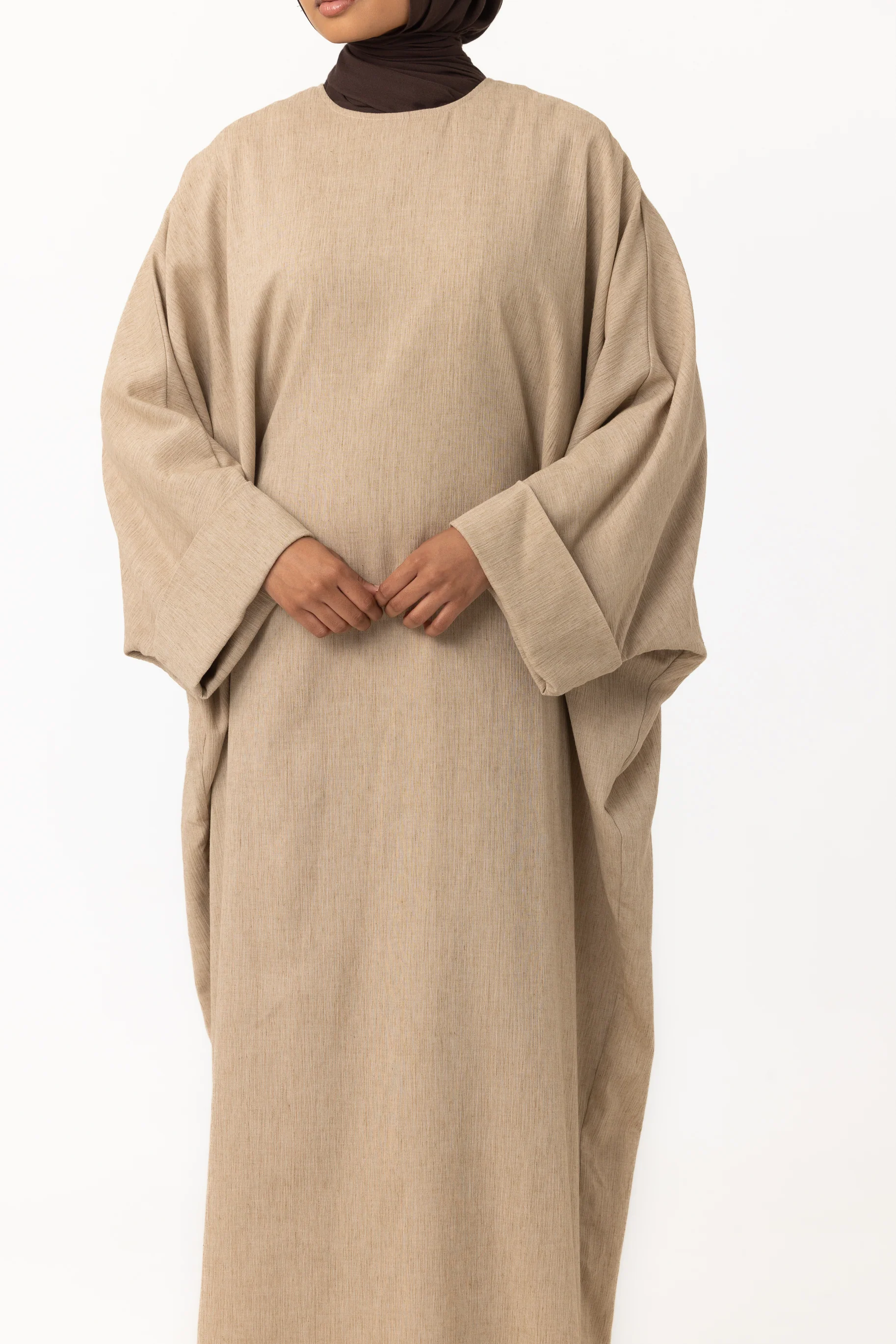 Crinkle Batwing Abaya - Linseed - Image 3