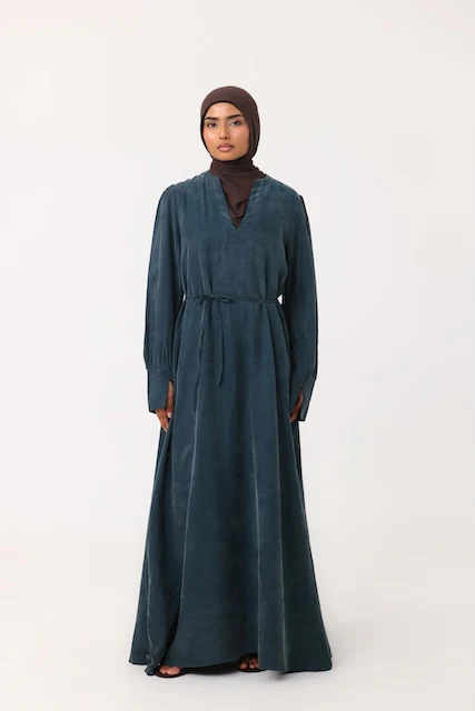 Cupro V Neck Abaya - Teal - Image 2