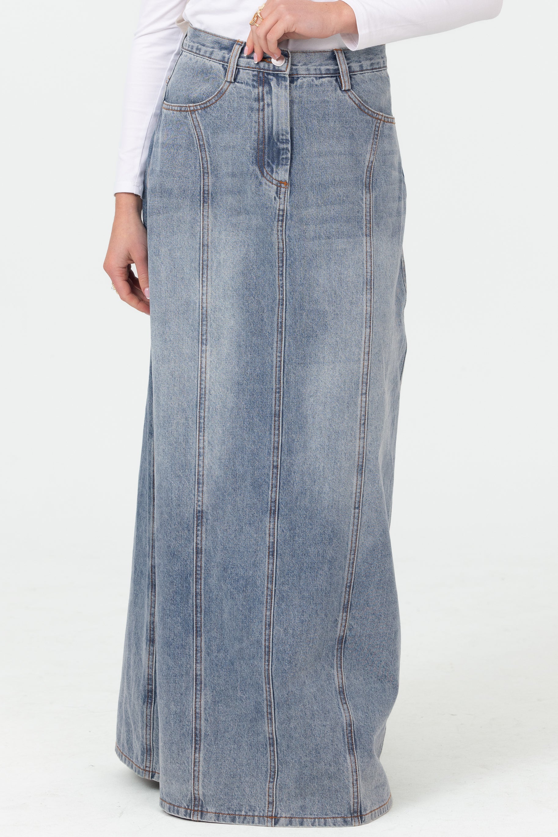 Denim Panelled Skirt - Light Wash - Image 2