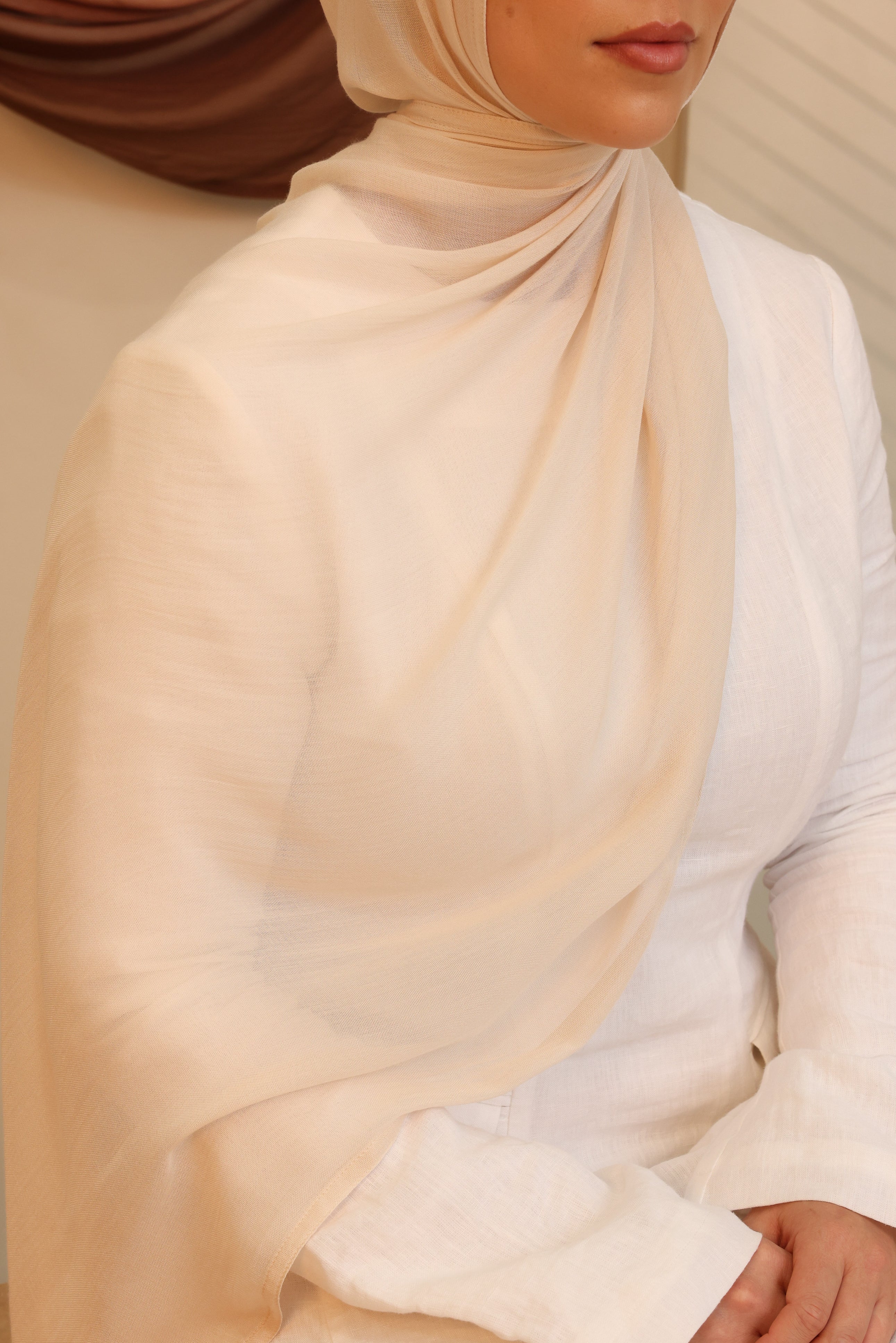 Double Stitched Modal Hijab Set - Light Beige - Image 2