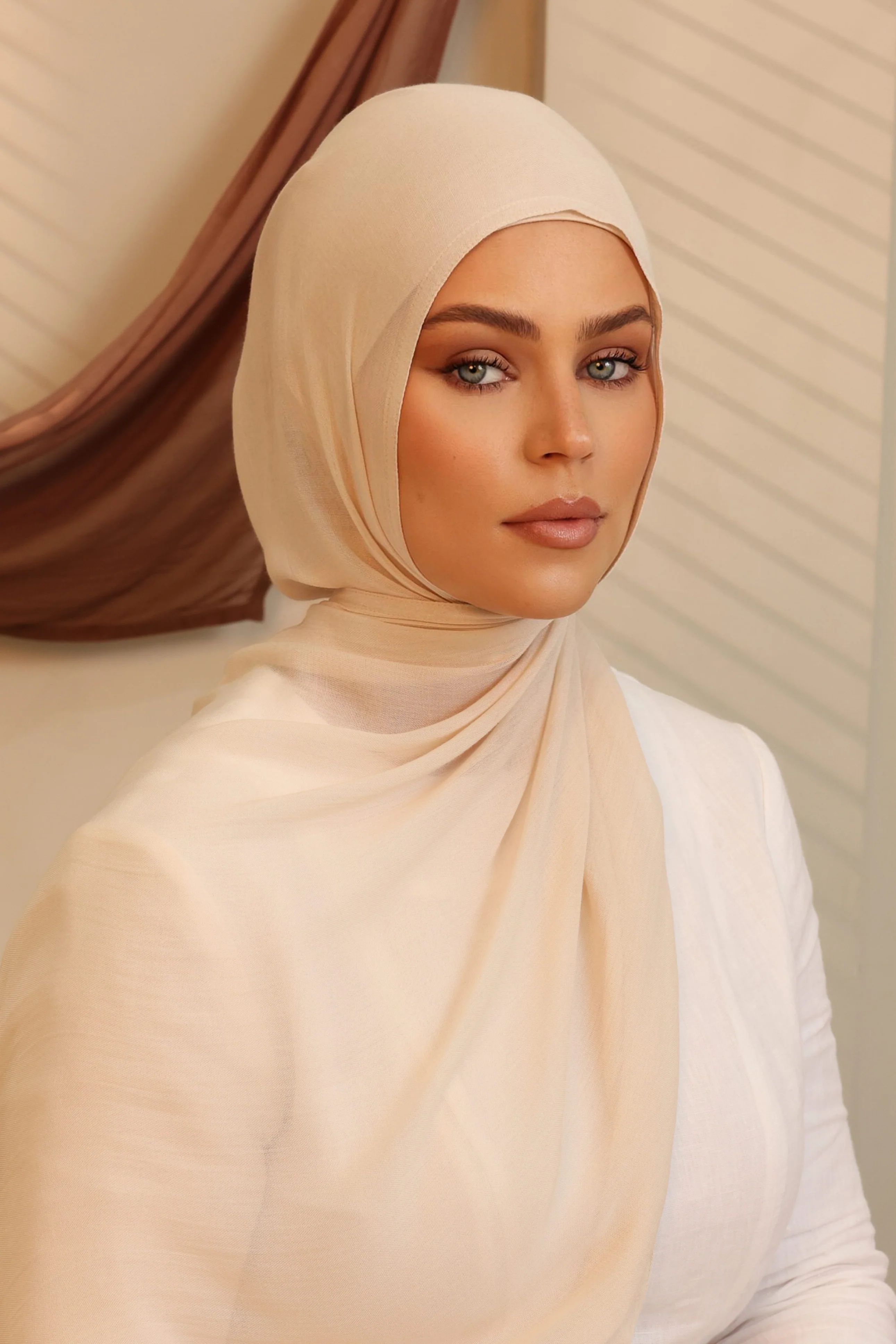 Double Stitched Modal Hijab Set - Light Beige - Image 3
