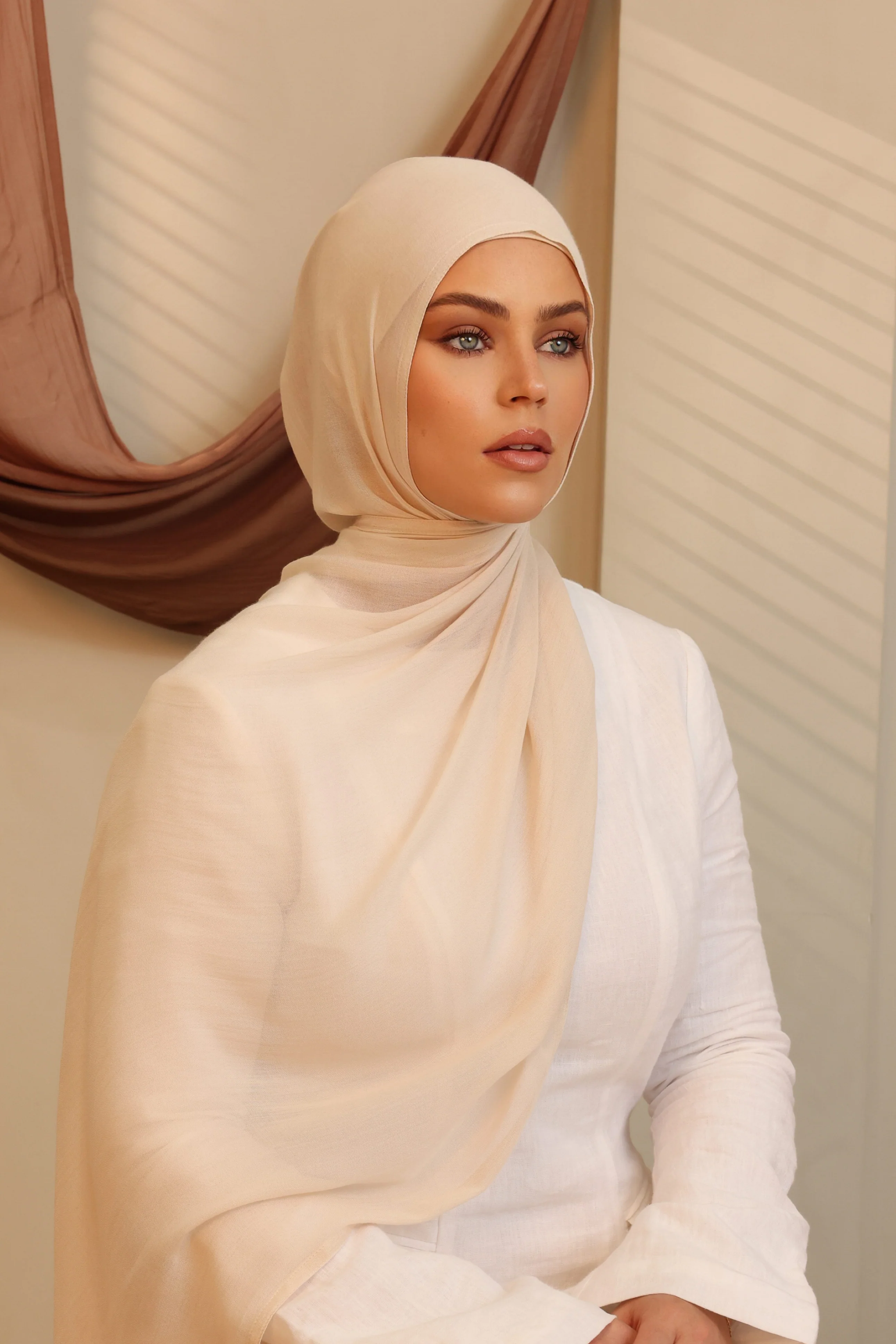 Double Stitched Modal Hijab Set - Light Beige - Image 4