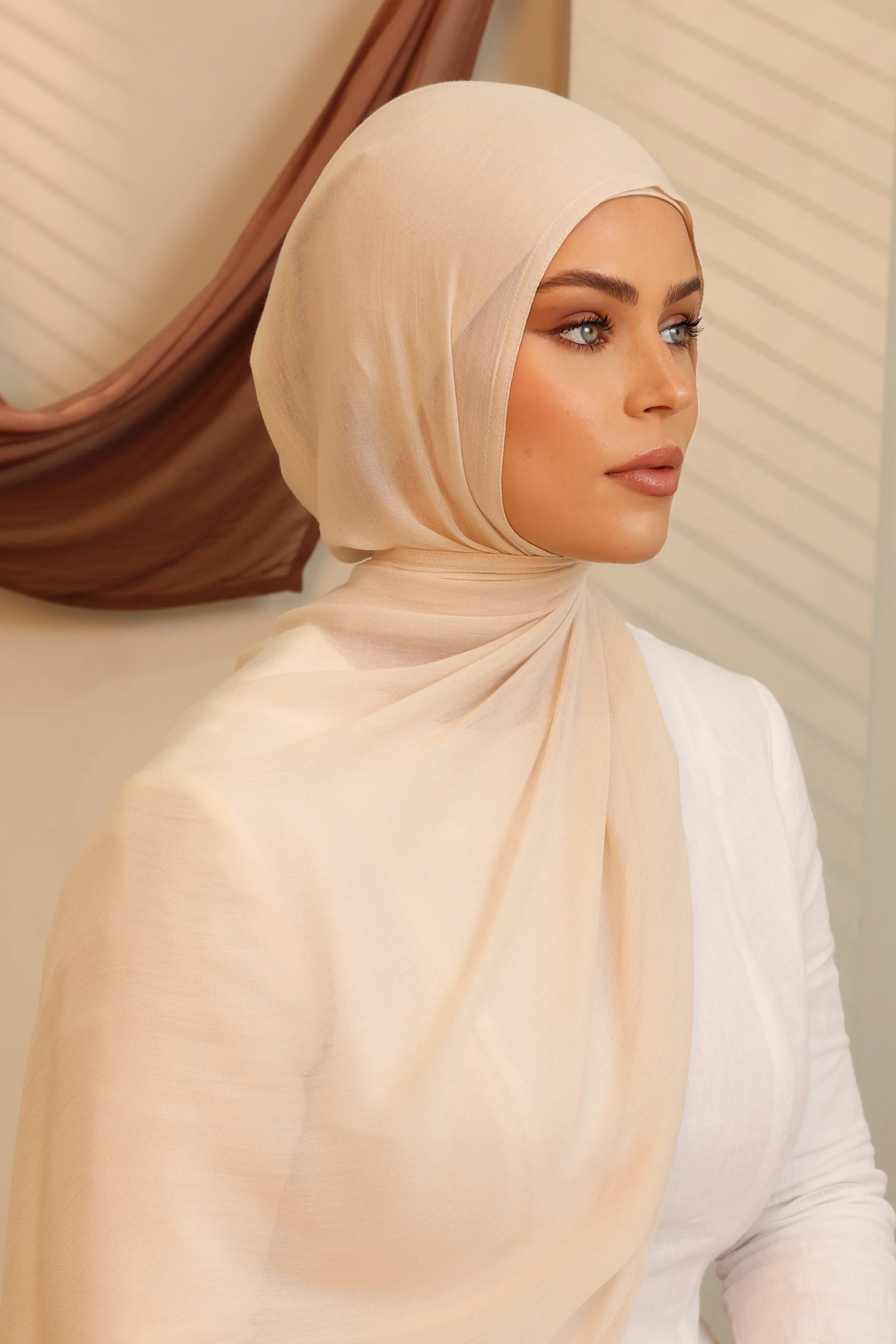 Double Stitched Modal Hijab Set - Light Beige - Image 5