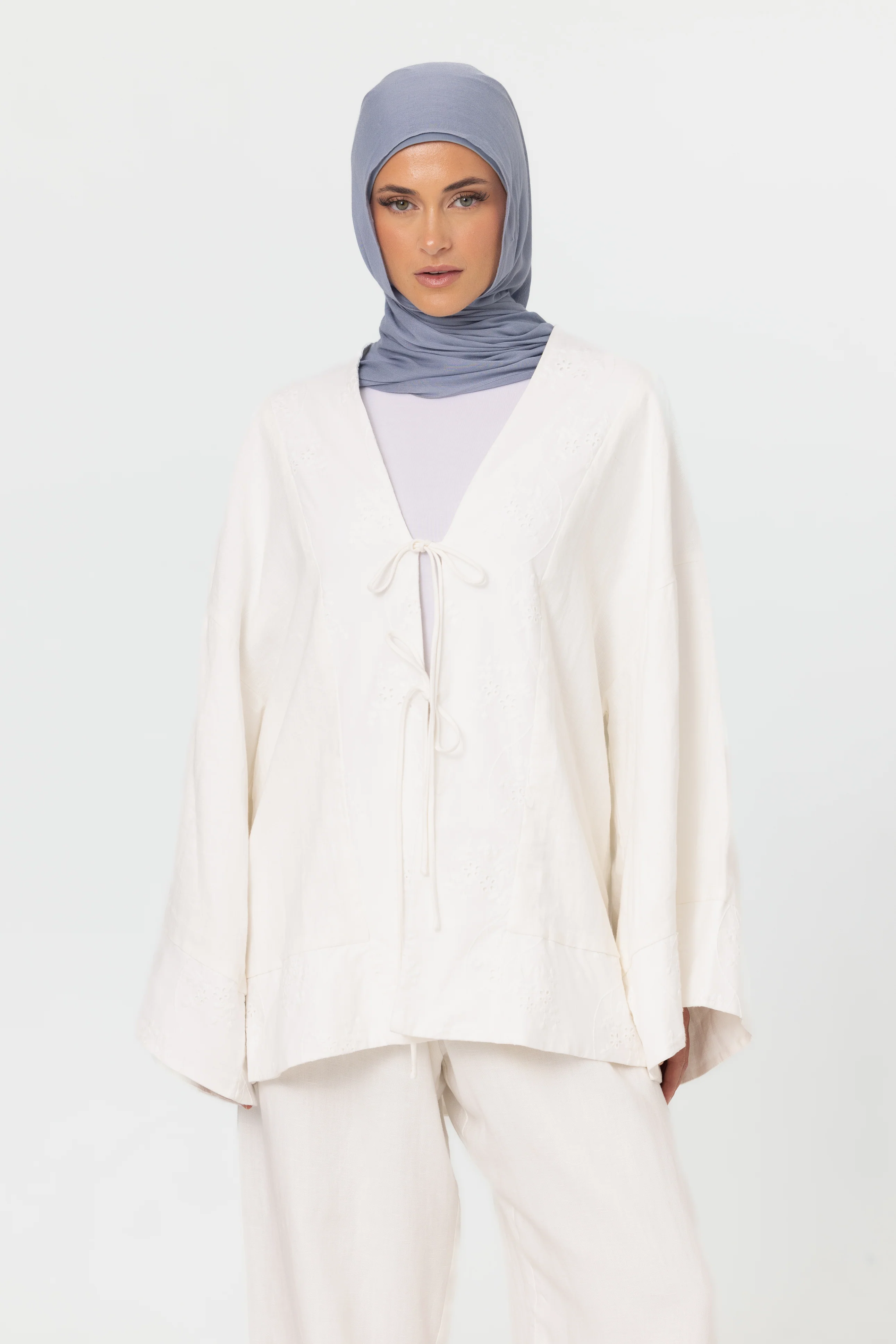 Linen Embroidered Kimono - Vanilla - Image 3