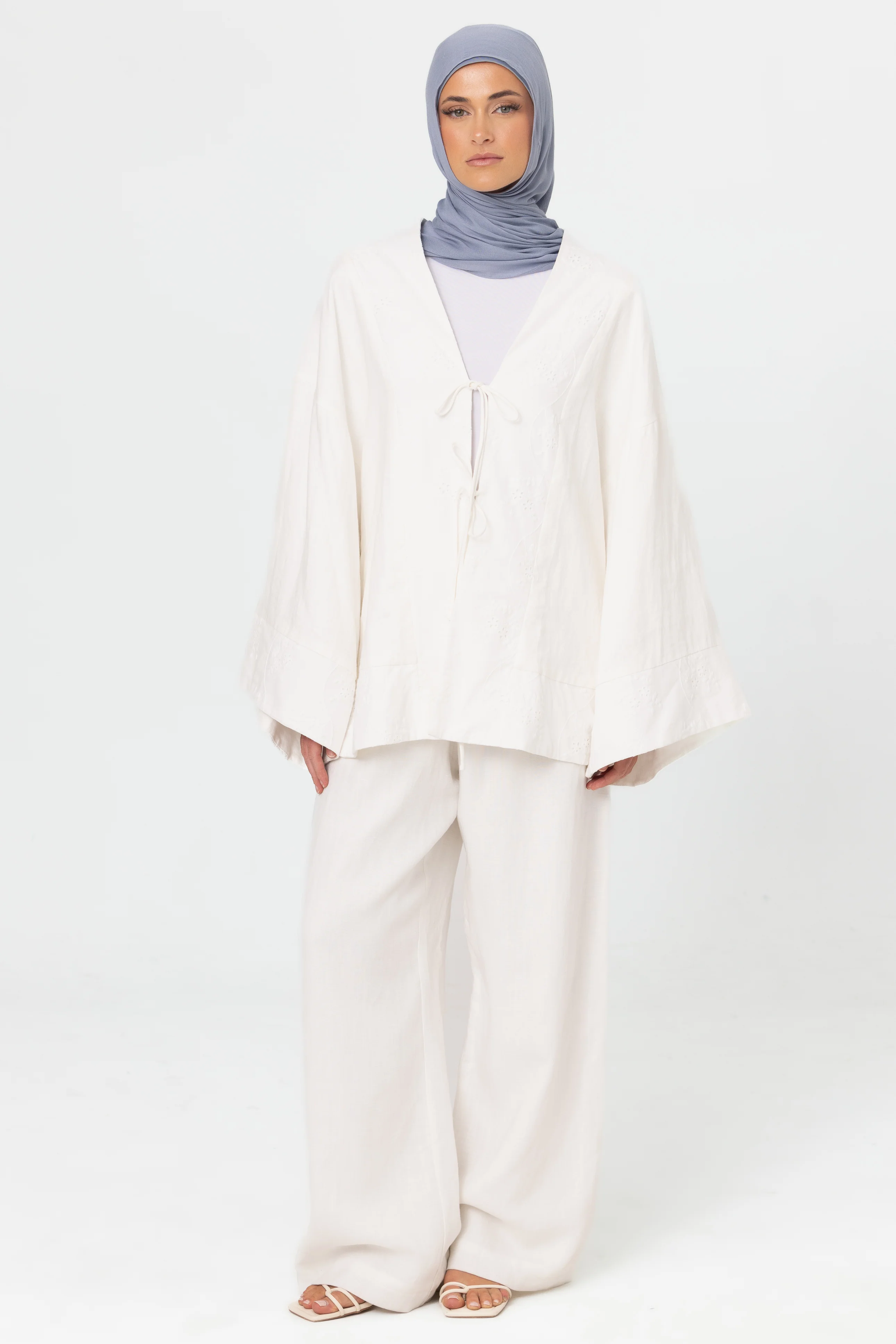 Linen Embroidered Kimono - Vanilla - Image 4