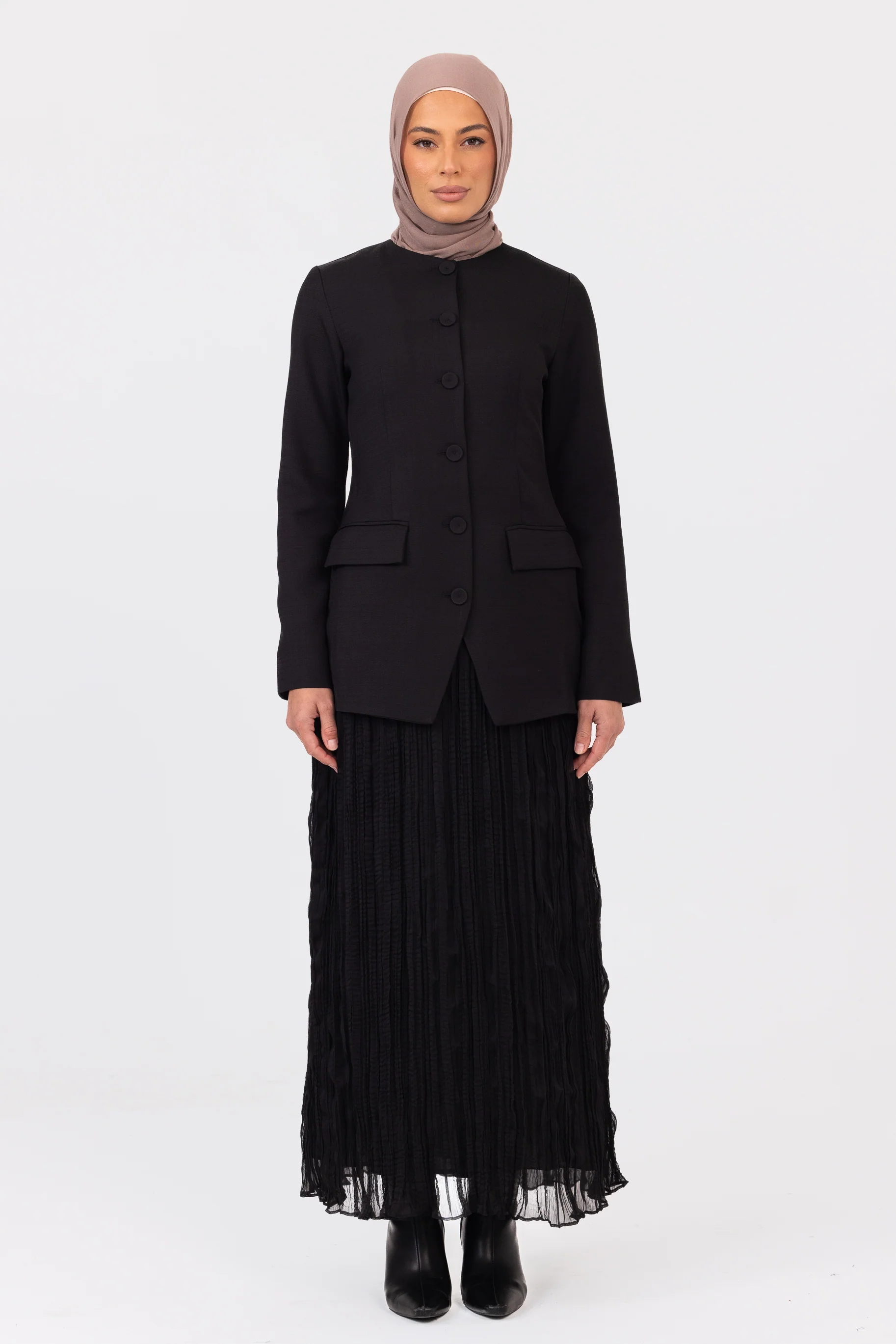 Lunar Tailored Dress with Pleat Skirt - Black - Image 3