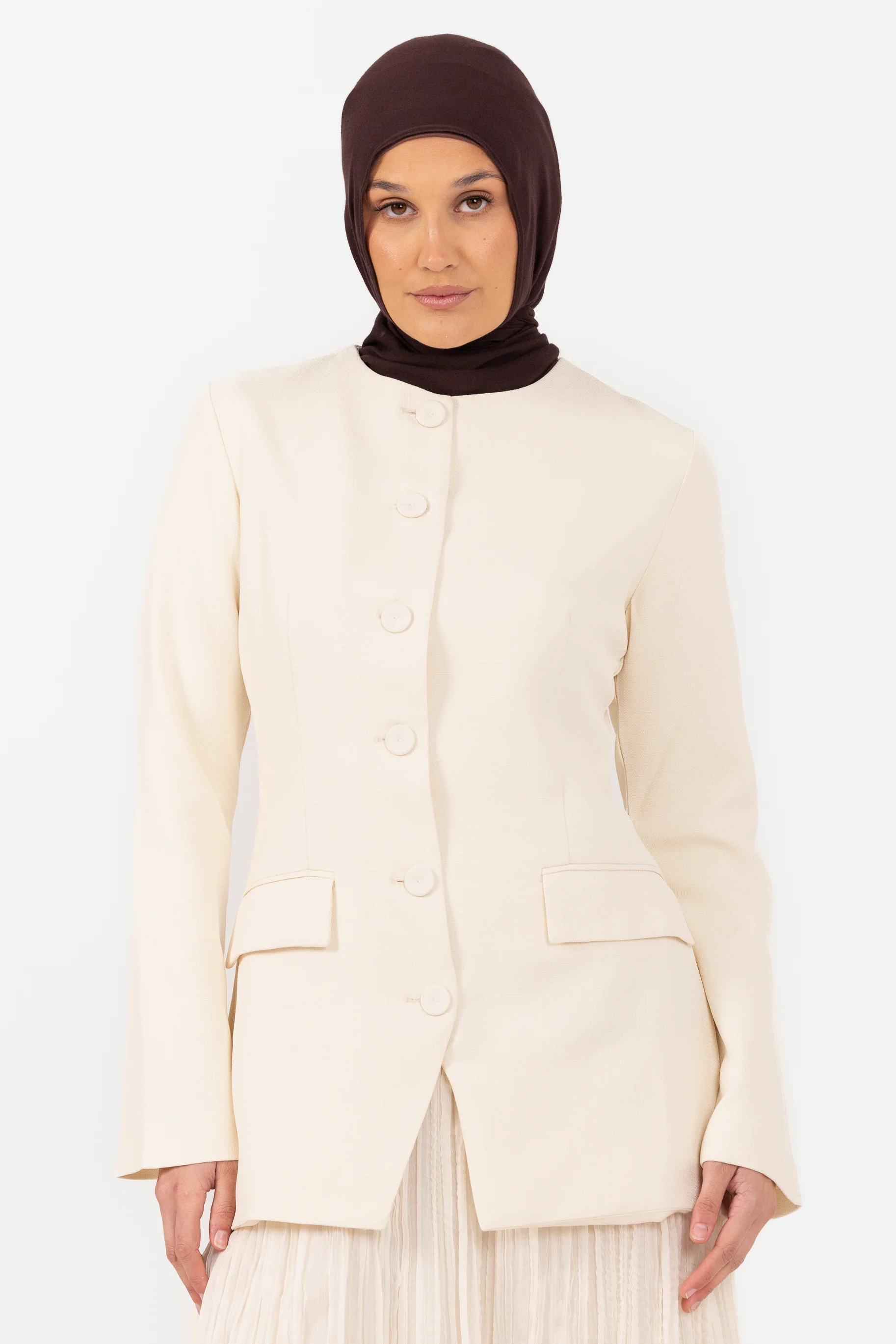 Lunar Tailored Dress with Pleat Skirt - Cream - Image 3