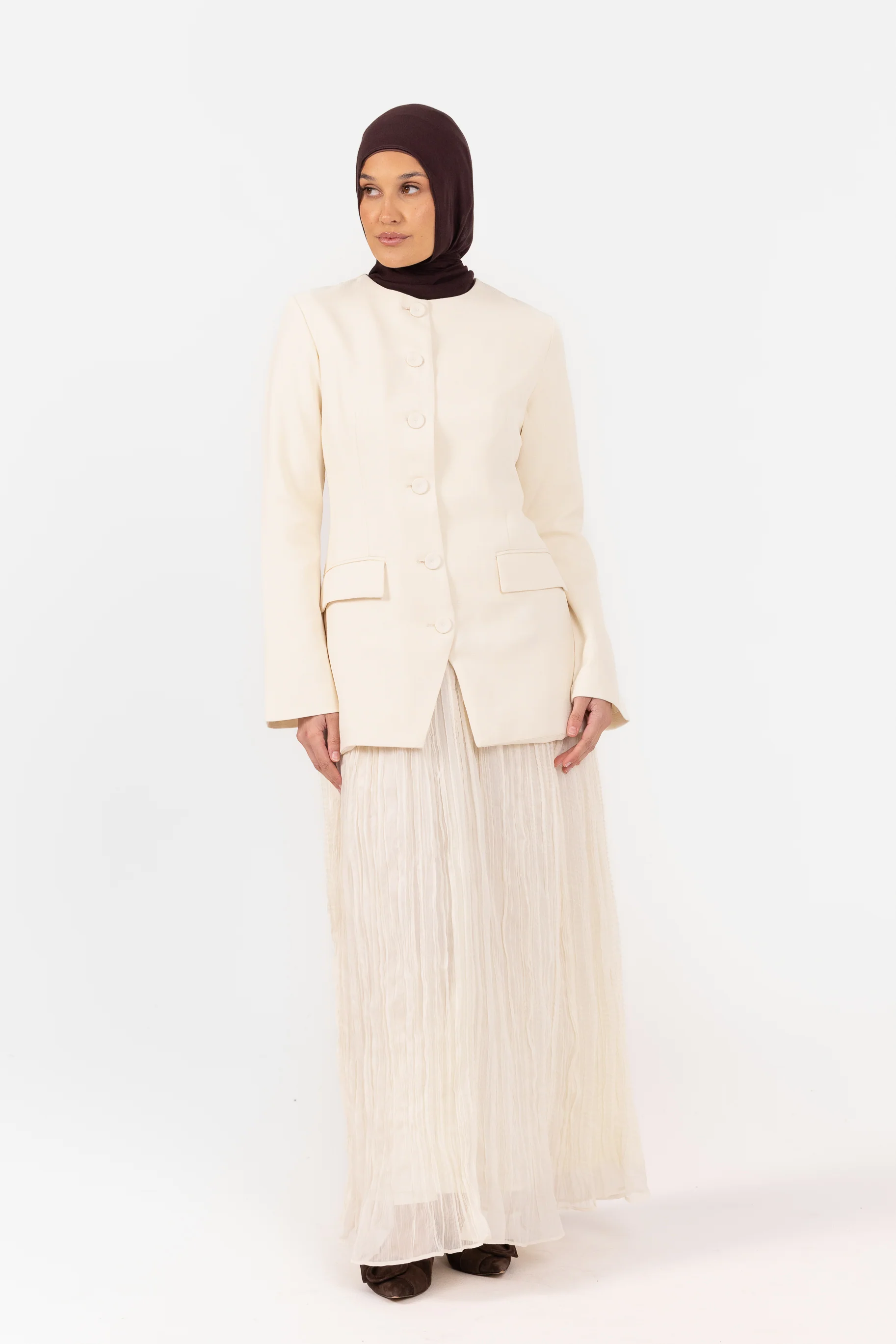 Lunar Tailored Dress with Pleat Skirt - Cream - Image 4