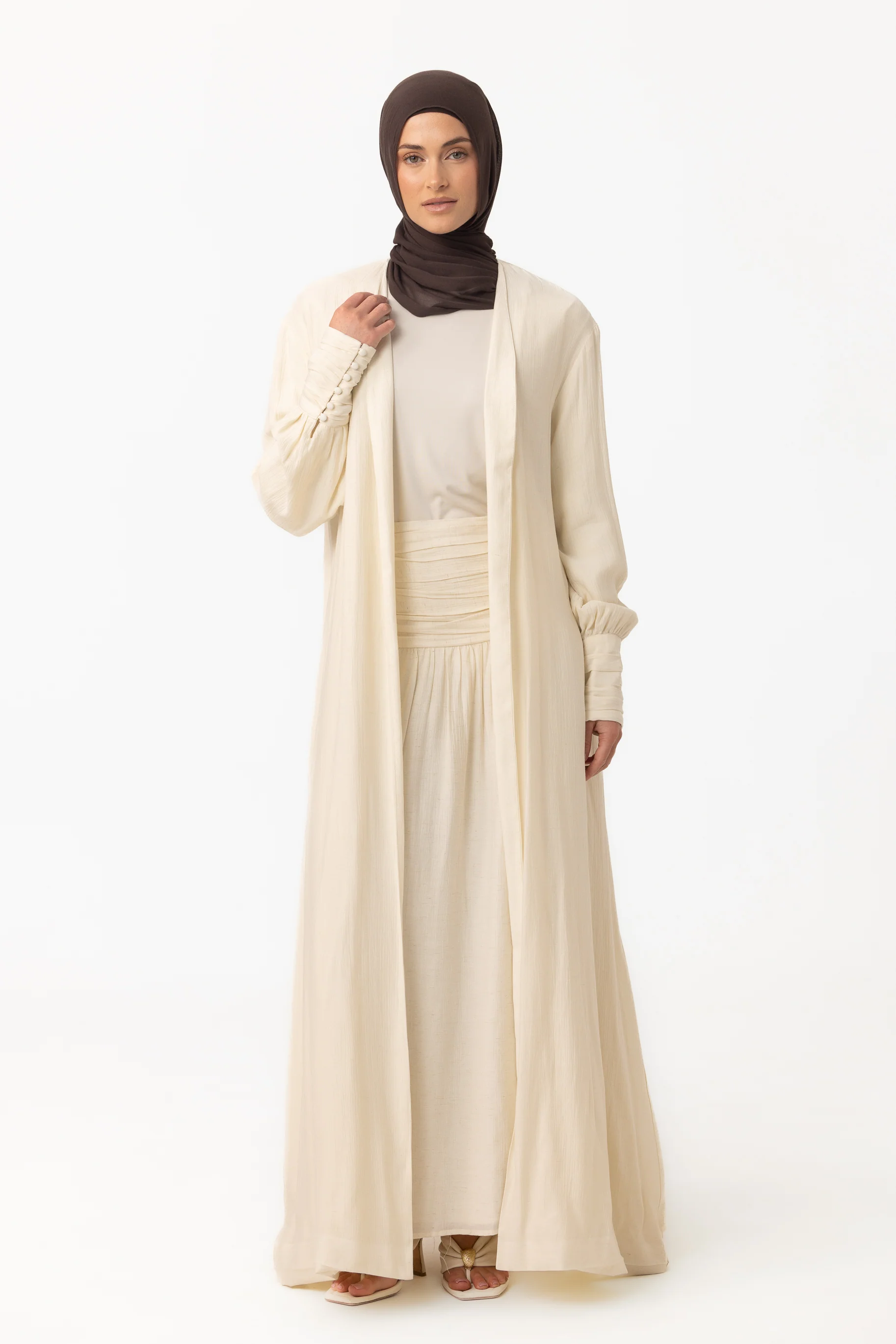 Noelle Ruched Open Abaya - Pearl - Image 2