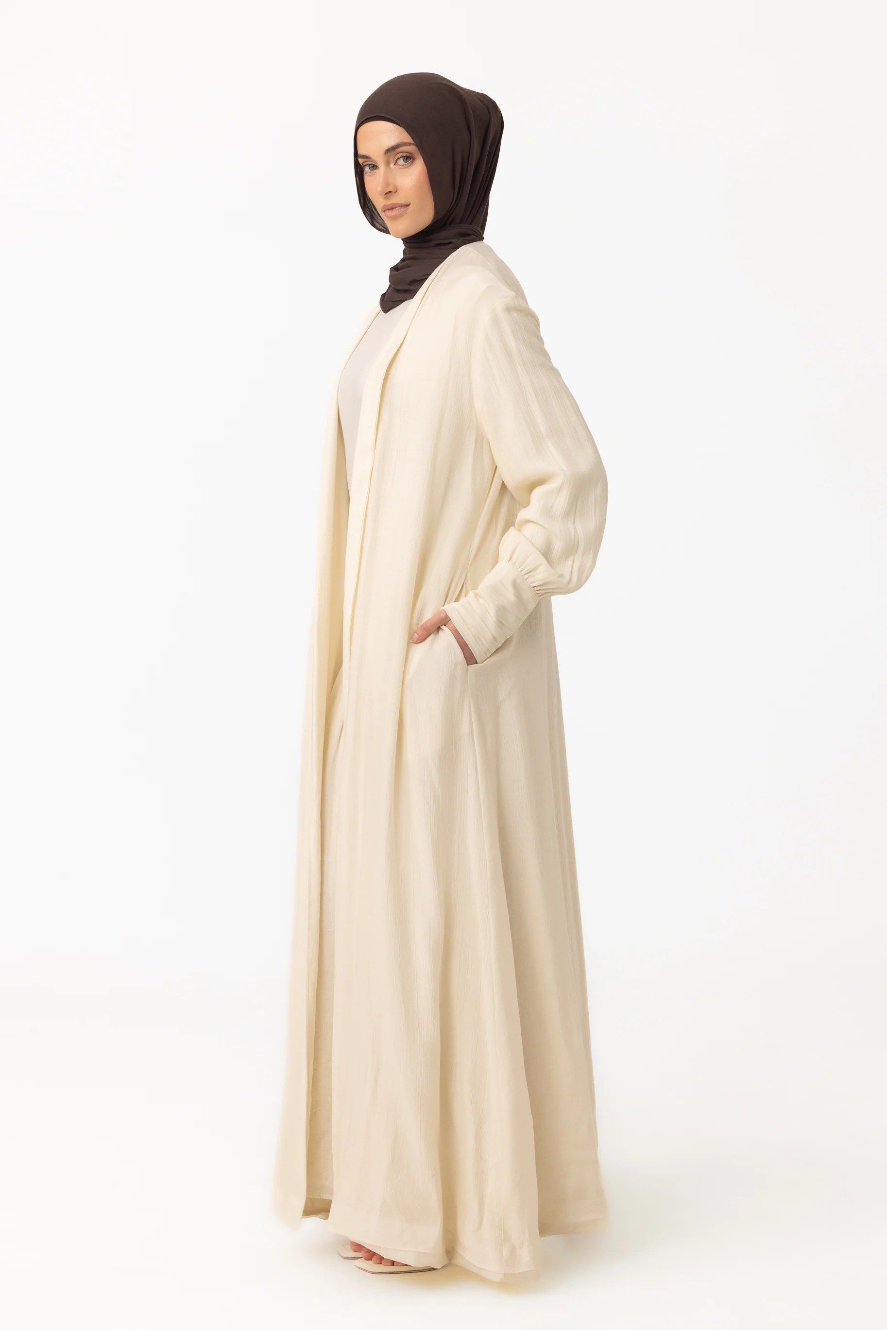 Noelle Ruched Open Abaya - Pearl - Image 3
