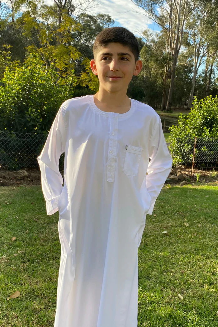 Youth Ikaf Long Sleeve Abaya - Embroidered White - Image 2
