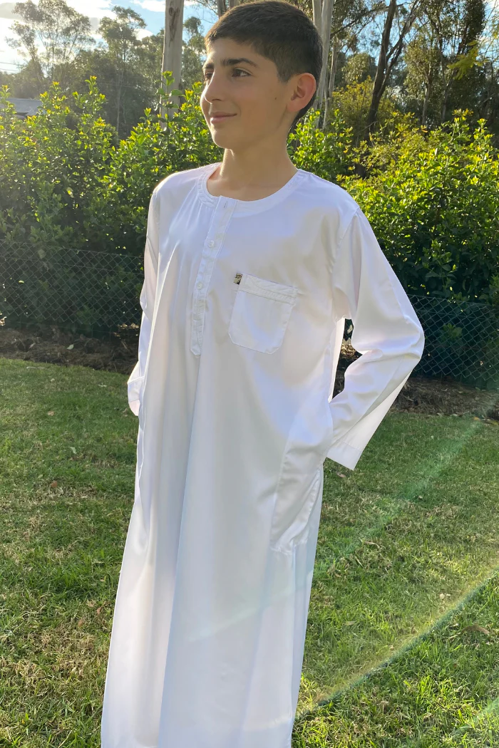 Youth Ikaf Long Sleeve Abaya - Embroidered White - Image 3